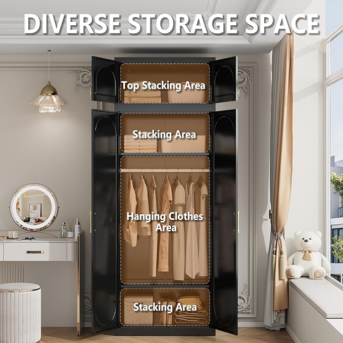 Metal Armoire Wardrobe Closet, 86 Inch Tall Freestanding Wardrobe Cabinet with Hanging Rod, Bedroom Armoires with Doors, 18" D x 32" W x 86" H, Black, Assemble Required, Shipped in Two Packages