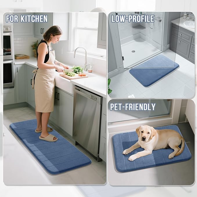 Yimobra 3 Pieces Memory Foam Bath Mat Set with U-Shaped Toilet Rug - Non Slip Super Soft Absorbent Quick Dry Bathroom Rugs for Bathtub, Vanity & Toilet Base, Denim Blue