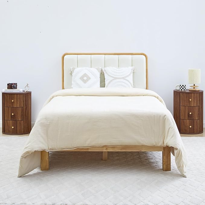 End Table with Charging Station for Couch,Mid-Century Modern Narrow Sofa Side Table with Drawer for Living Room,Small Bed Side Table for Bedroom (Walnut-Round, 1 PC)