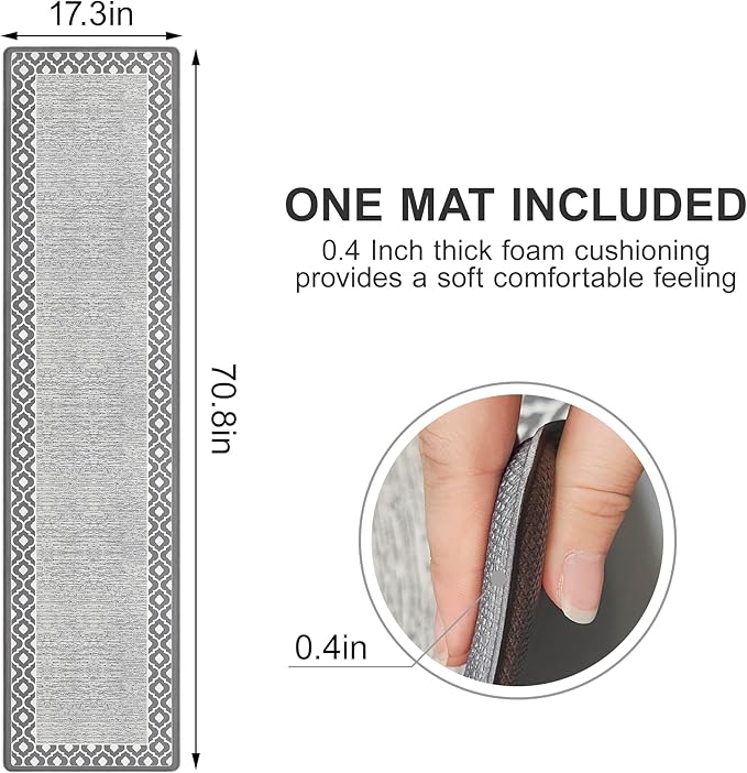 Anti Fatigue Kitchen Rug Long Kitchen Mats for Floor Ergonomic Comfort Memory Foam Standing Mat Non Slip Waterproof Kitchen Rug Farmhouse Kitchen Rugs for Office Sink Laundry 17.3"x70.8" Grey