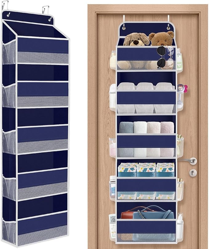 1 Pack Over The Door Organizer, Hanging Storage Organizer with Clear Window, 40lb Ultra Sturdy Large Capacity Room Organizer for Pantry Laundry Bathroom Nursery Closet (Blue)