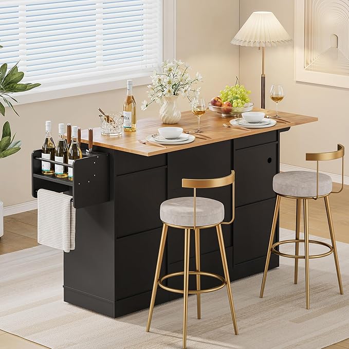 ONBRILL 61" Kitchen Islands with Movable Wood Cutting Board & Trash Storage Cabinets, Rolling Island Cart with Drop Leaf & Power Outlet, Dining Table with Spice & Towel Rack & Knife Holder, Black