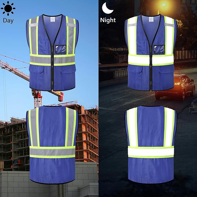 Safety Vest for Men, Reflective Vest with Pockets and Front Zipper High Visibility Vest, Meets ANSI/ISEA Standards(Blue-33,3X-Large)