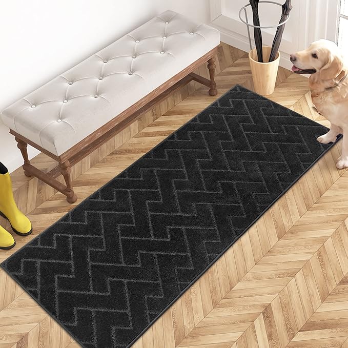 PURRUGS Dirt Trapping Door Mat 24" x 59", Non-Slip Machine Washable Entry Rug, Shoe Scraper, Dog Doormat, Super Absorbent Welcome Mat for Front & Back Door, Muddy Wet Shoes & Paws, Black