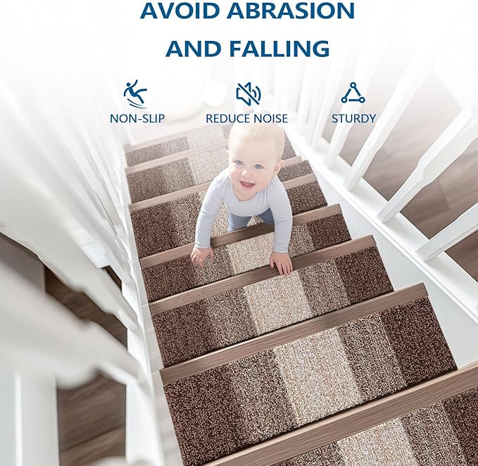 OLANLY Stair Treads Non Slip 15PCS, 8" x 30" Indoor Stair Runners for Wooden Steps, Edging Stair Rugs with Reusable Peel and Stick Adhesive for Kids Elders and Pets, Brown