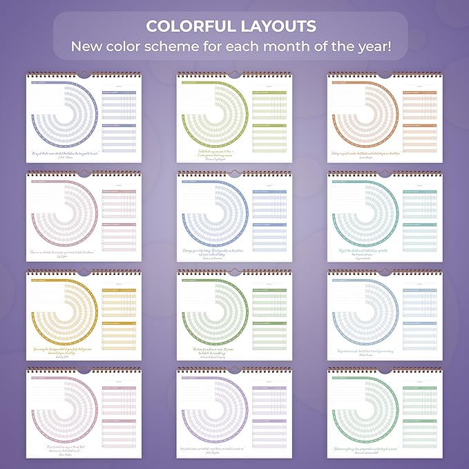 Clever Fox Habit Calendar Circle – 24-Month Inspirational Daily Habit Tracker with Colorful Pages – Routine & Goal Planner Journal (Lavender & Red)