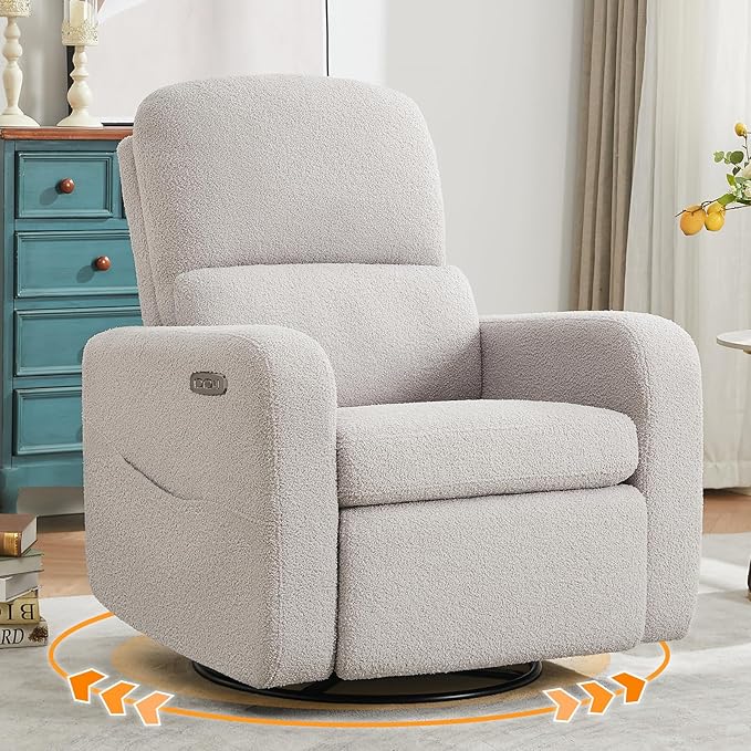 Swivel Rocker Recliner, Power Recliner Glider with Removable Cushion, Oversized Upholstered Boucle Swivel Reclining Nursery Chairs for Living Room Bedroom, Teddy Grey