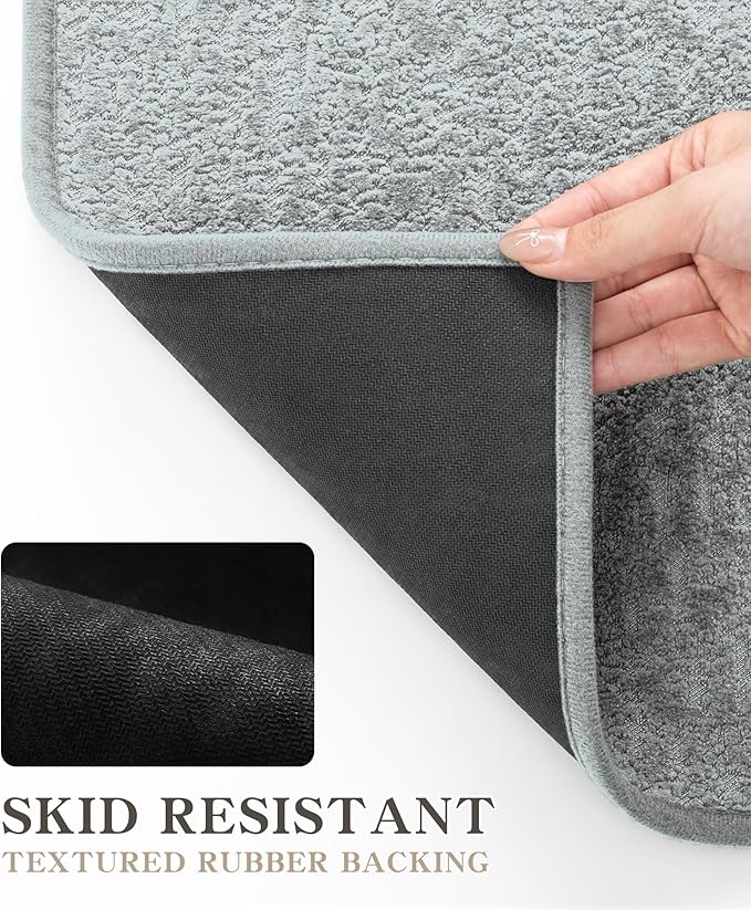 chakme Bathroom Rug Set 3 Piece, Ultra Thin Bath Mat Quick Dry, Absorbent, Non Slip, Machine Washable, Light Grey, 17" x 24" / 17" x 30" / 17" x 59"