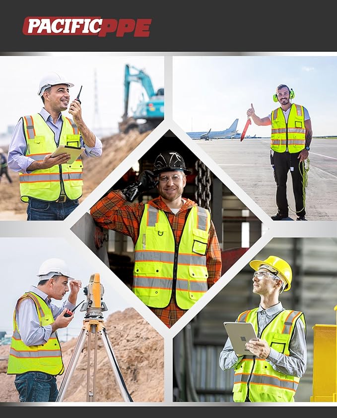 PACIFIC 10 Pockets Safety Vest for Men, 3M High Visibility Reflective Strips with Pockets and Zipper, ANSI Class 2, Yellow, X-Large