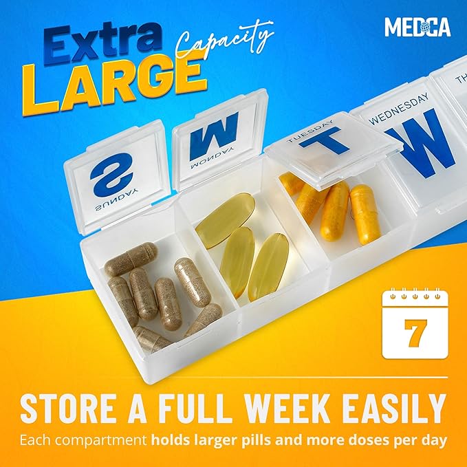 Weekly Pill Organizer - (Pack of 2) Extra Large Vitamin Container with Jumbo Easy to Read Letters, BPA Free - Daily Travel 7 Day Medication Pill Box Case
