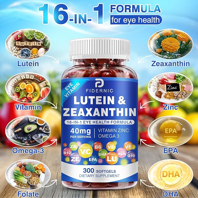 Lutein and Zeaxanthin Supplement - Eye Vitamins, 40 mg Lutein & 8 mg Zeaxanthin with Vitamins C, E, Zinc, Omega-3 & CoQ10 for Blue Light Protection, Eye Health Support  - 300 Softgels