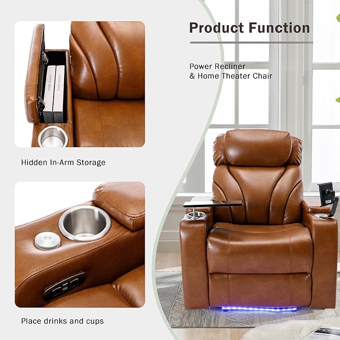 Zero Wall Power Recliner with Bluetooth Speaker & USB Ports - Home Theater Electric Recliner Chair with Cup Holder, Arm Storage, LED Lights, Phone Holder & Removable Tray Table