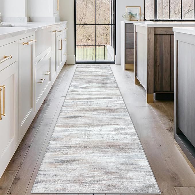 KOZYFLY Modern Abstract Runners for Hallways 2x10 Washable Rug Runner Non-Slip Soft Striped Kitchen Runner Rugs, Beige Print Carpet Runner for Entryway Bathroom Laundry Room Foyer