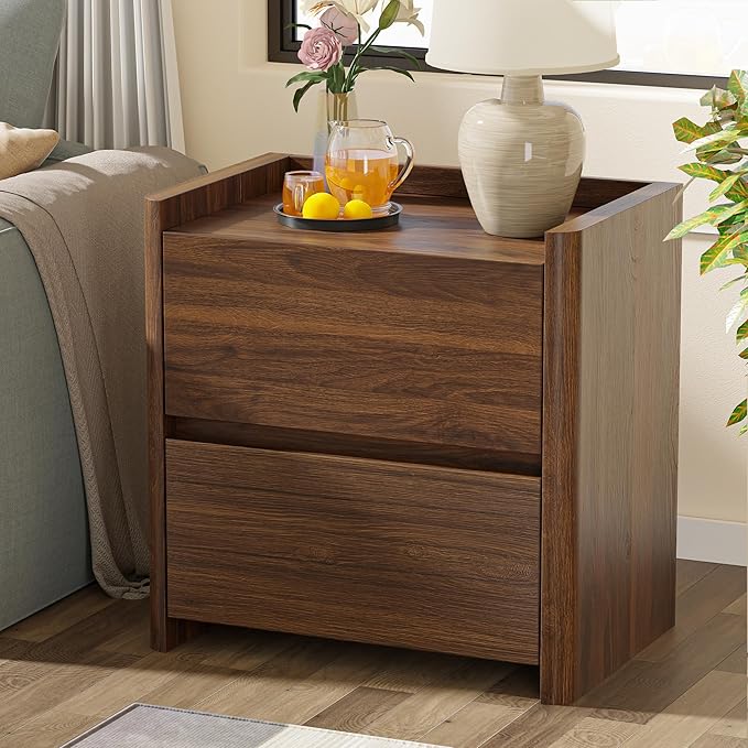 Nightstand with 2 Storage Drawer, Modern End Table for Bedroom with Cut-Out Handle, Large Night Stands for Bedroom, Home Office, Set of 2, Walnut