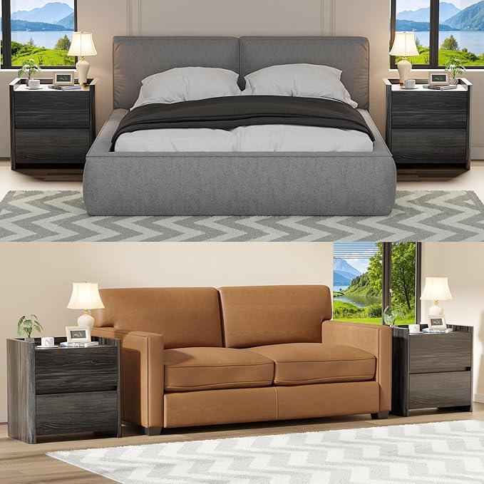 Nightstand with 2 Storage Drawer, Modern End Table for Bedroom with Cut-Out Handle, Large Night Stands for Bedroom, Home Office, Set of 2, Dark Grey