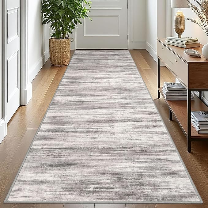 KOZYFLY 3x10 Ft Rug Modern Ombre Runner Rug for Hallway, Washable Kitchen Rugs Non-Slip Soft Striped Entryway Rug, Print Grey-Beige Abstract Carpet for Laundry Nursery