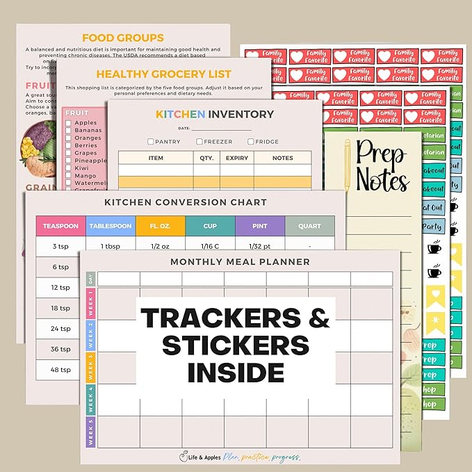 Life & Apples Meal Planner with Grocery List – Undated Weekly Menu & Meal Prep Notebook for Women & Men, Healthy Eating & Weight Loss Planner, 52-Week Spiral Bound Journal, Marble