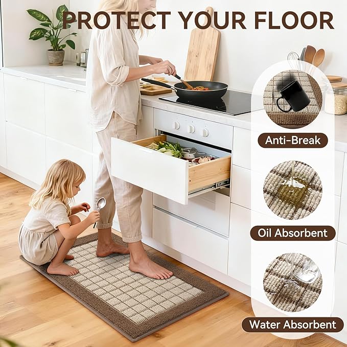 Kitchen Mats for Floor 17"x47", Non-Slip Washable Kitchen Rugs, Absorbent and Stain Resistant Kitchen Rug, Durable Comfortable Rugs for Kitchen, Hallway, Laundry & Sink, Brown