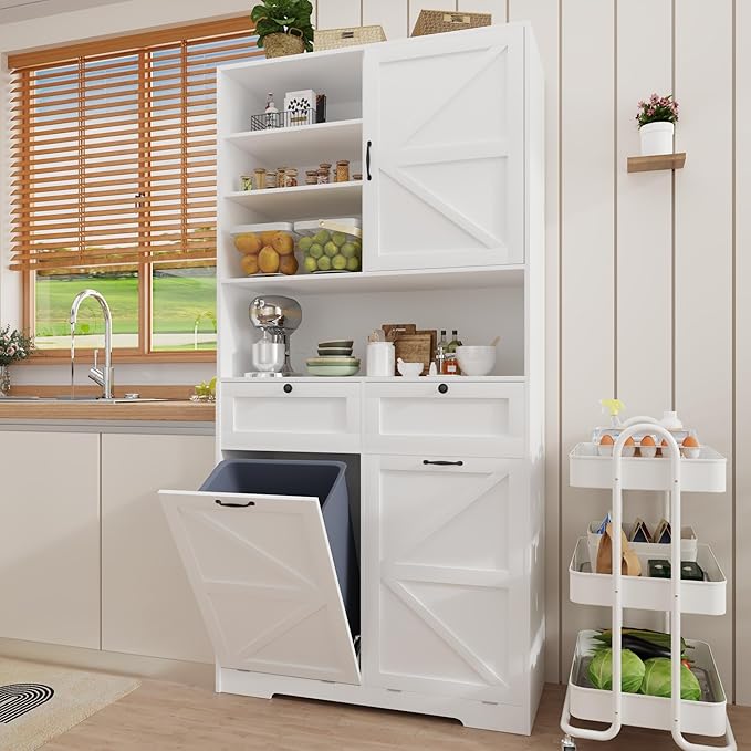 78" Tall Tilt-Out Double Doors Laundry Cabinet Hamper w Hidden Laundry Hamper,Large Pull Out Laundry Room Storage Cabinets,Kitchen Double Tilt Out Trash Cabinet,13X2 Gallon Bathroom Organizers(White)