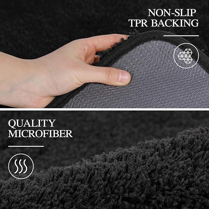 Walensee Contour Rug (20x24, Black) Non Slip Bath Mat for Bathroom Water Absorbent Soft Microfiber Shaggy Mat Machine Washable U Shape Toilet Rug