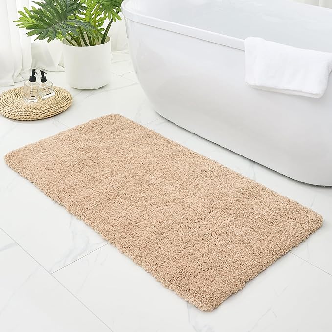 Bathroom Rugs 48x24, Ultra Thick Shaggy Soft Microfiber Absorbent Bath Rug, High Density Foam Latex Non Slip Backing, Machine Washable Bath Mats for Bathroom Floor & Sink, Beige