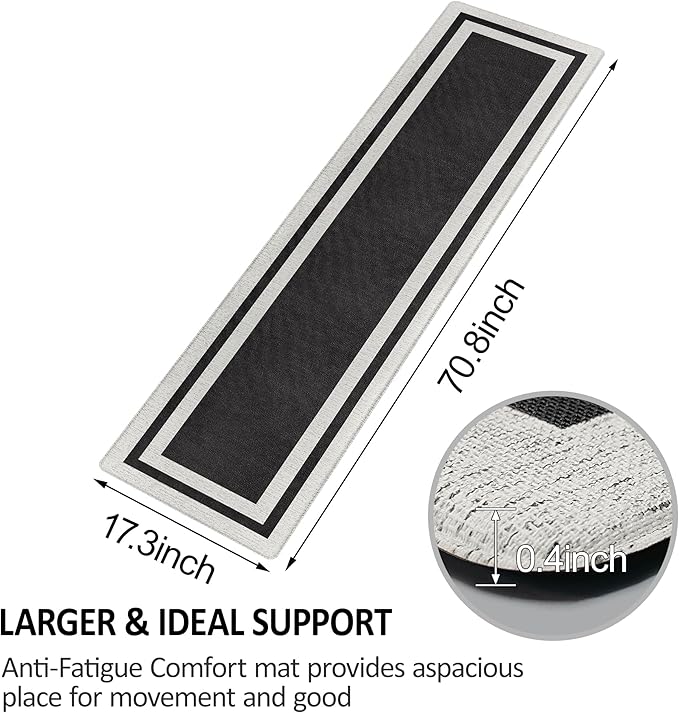 Anti Fatigue Kitchen Mat Long Kitchen Mats for Floor Non Slip Waterproof Kitchen Rug Kitchen Runner Kitchen Floor Mats Cushioned Anti Fatigue for Kitchen Sink Office Laundry 17.3" x 70.8" Black