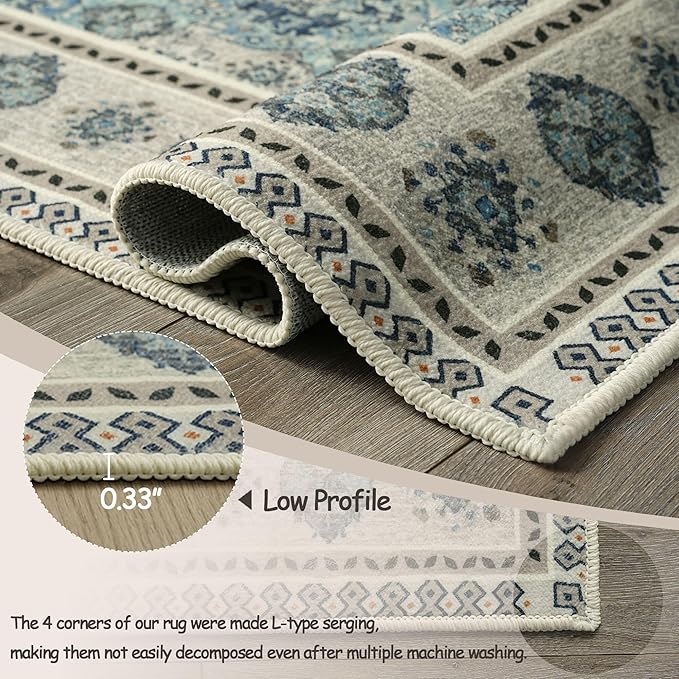 Vintage Washable Area Rug 9x12, Spill-Proof Surface, Non-Slip Backing, Cozy Soft Faux Wool, Printed Rug for Living Room Bedroom Dining Room - Maya