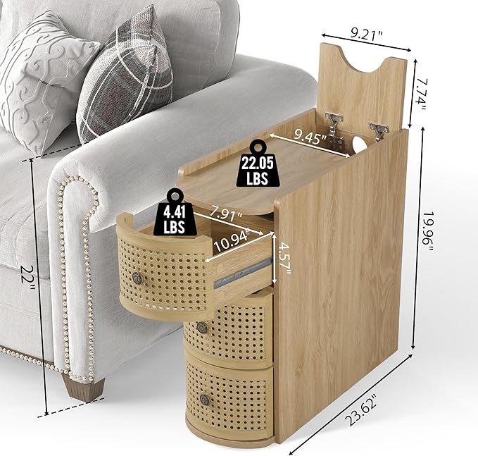 Metal Rattan Narrow End Table with Charging Station Set of 2, Boho Side Table with Drawers Storage, Small Night Stand with Power Outlets and USB Ports, Sofa Side Table for Living Room - Natural