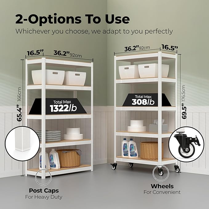 HOMEDANT House 5-Tier Metal Rolling Cart Shelf Rack Casters Heavy Duty Laminated Wheel Shelving Unit Adjustable Utility Storage Shelves Organizer Shelf Kitchen Garage (4, (M) 36.2" W, White)