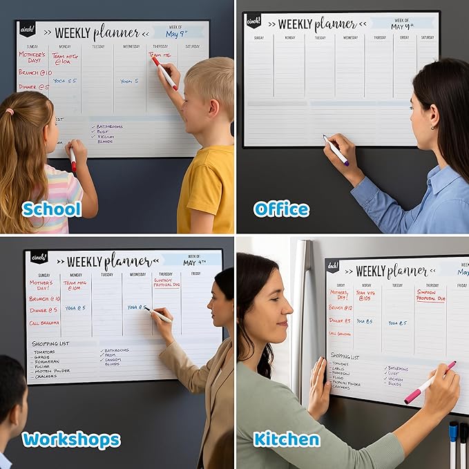 Cinch! 19x13-Inch Magnetic Whiteboard for Fridge - Weekly Calendar and Meal Planner - Stain Resistant Dry Erase Board with 4 Fine Tip Markers and Eraser - Magnetic Weekly Planner for Easy Scheduling