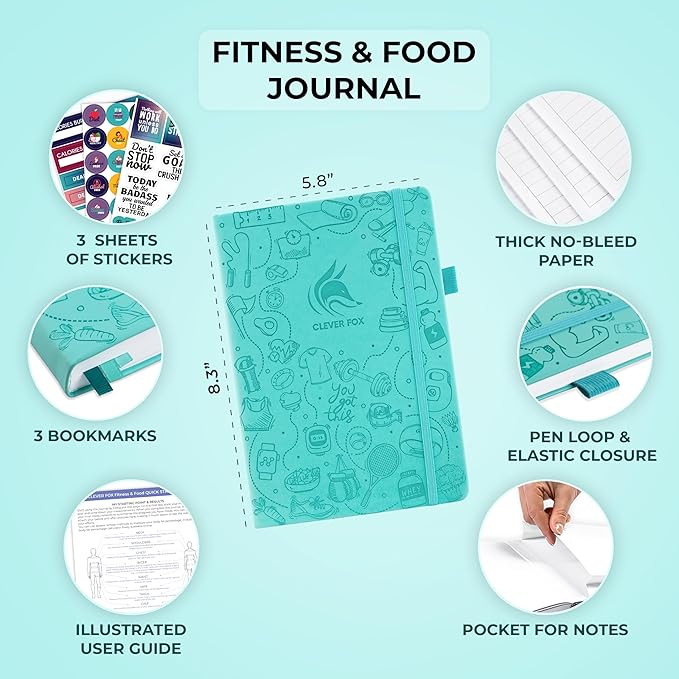 Clever Fox Fitness & Food Journal – Nutrition & Workout Planner for Women & Men – Diet & Gym Exercise Log Book with Calendars, Diet & Training Trackers - Undated, A5 Size, Hardcover (Turquoise)
