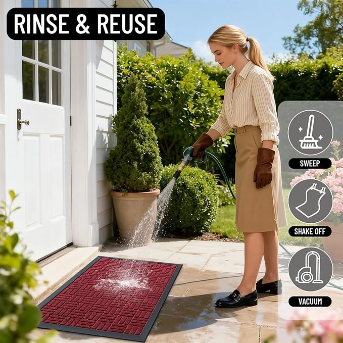 OLANLY Front Door Mat Outside Entrance 35x23, Absorbent, Heavy Duty Sturdy Natural Rubber Doormat Indoor Outdoor, Non-Slip, Stain and Fade Resistant, Low Profile Floor Mat for Entryway, Black Red