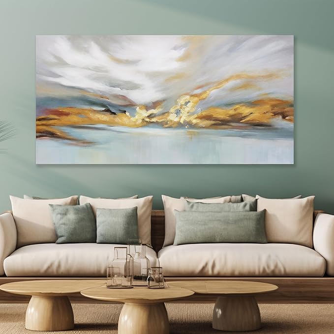 Glvzygy Modern Abstract Wall Art Wall Decorations Greyish White Gold and Blue Abstract Wall Art Canvas Abstract Wall Art for Living Room Bedroom Dining Room Home Office Decor 24"x48"
