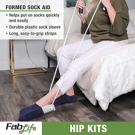 FabLife Hip Kit Daily Living Aids for Mobility, Hip Replacement Recovery, Knee and Back Surgery Includes Grabber Reacher, Bath Sponge Stick, Formed Sock Aid, Shoehorn