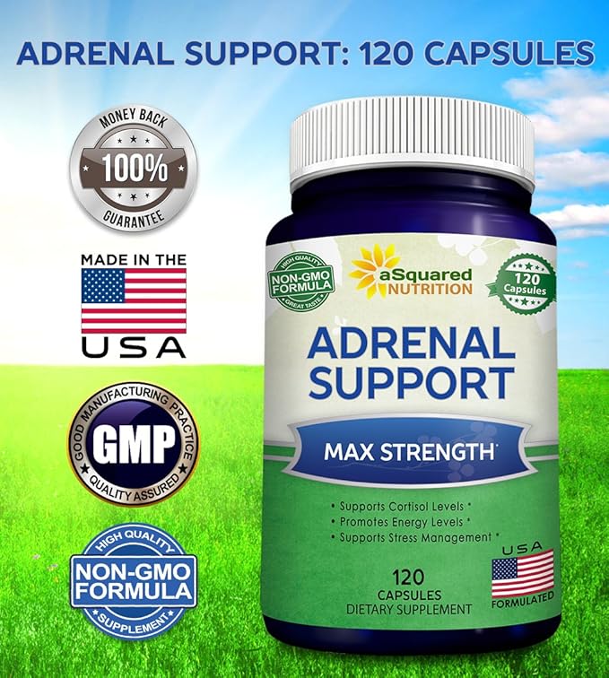 aSquared Nutrition Adrenal Support & Cortisol Manager Supplement (120 Capsules)-Adrenal Health w/Vitamin C Complex Pills to Support Fatigue & Stress Relief-Ashwagandha, L-Tyrosine, Rhodiola & Ginseng
