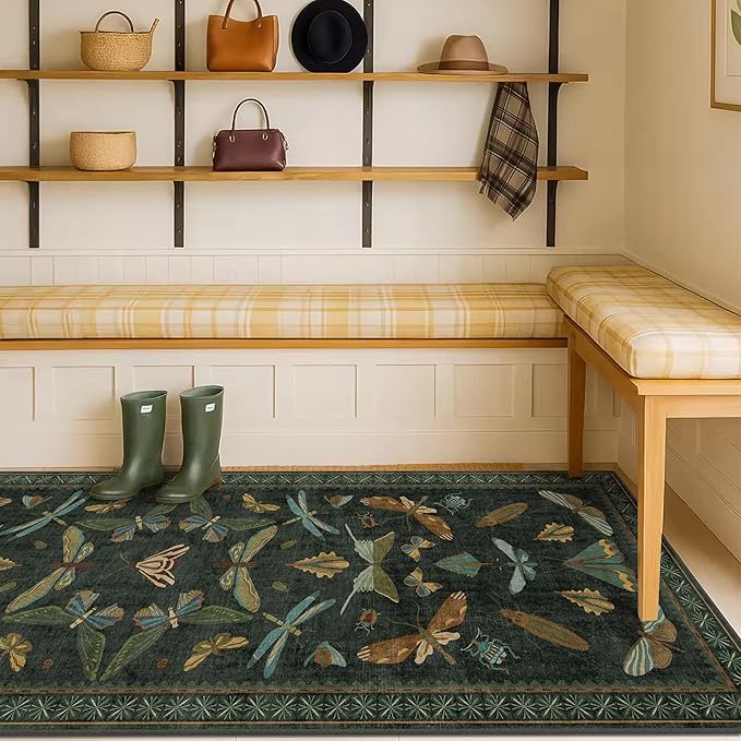 8 ft Long Hallway Runner Rug - Boho Green Rug for Kitchen Floor, Entrance Indoor, Washable Wide Runner Non Slip, Dark Green 2'6''x8'