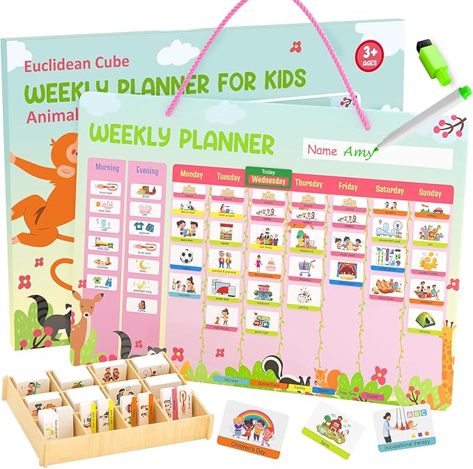 Euclidean Cube Weekly Planner for Kids - Magnetic Behavior Board Calendar with 237 Magnets, Storage Box, Easels, Hooks, Cord & Pen - Daily Routine and Chore Chart - Visual Schedule for Kids 3+ (Animal Theme)