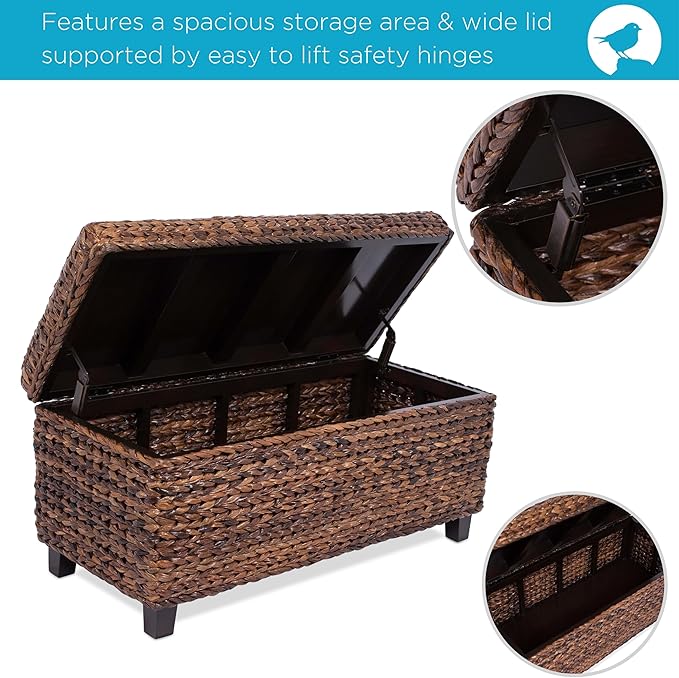BIRDROCK HOME Abaca Storage Bench – Hand-Woven Wicker Entryway Bench w/Lift-Top Hidden Storage, Solid Wood Frame - 36.25” x 16” x 18”