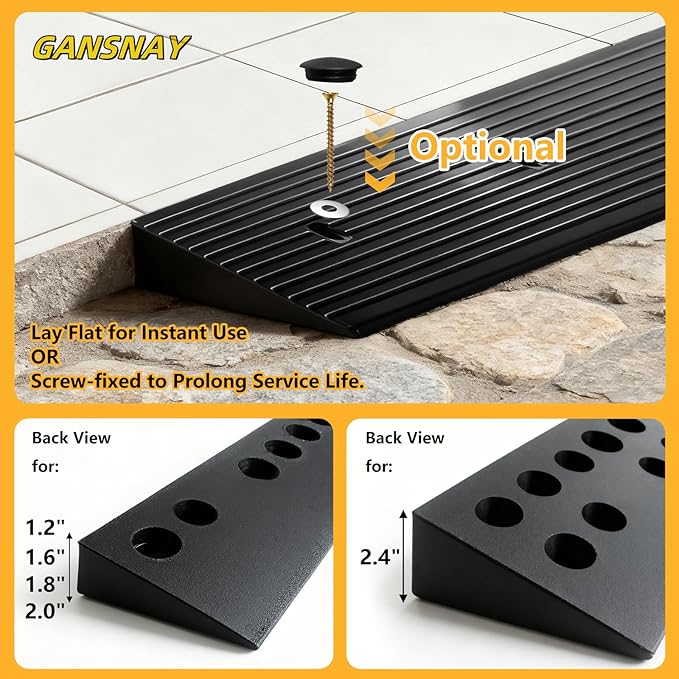 2.4" Rise Rubber Ramp Threshold Ramps with Pre-Set Holes& Plugs, Longer Size 12000lbs Capacity, Non-Slip& Cuttable- for Doorways, Driveways, Warehouse, Patio, Shed- 2.4" Rise(39.3"×5.9")