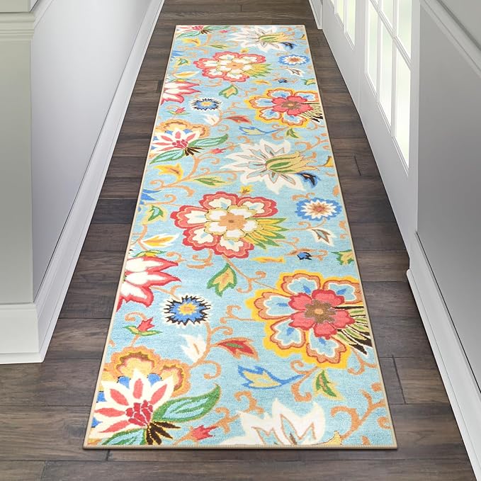 Beeiva Washable Kitchen 2x8 Runner Rug, Colorful Flower Rug Runners for Hallways with Rubber Backing, Floral Plant Non Skid Ultra Thin Carpet for Bathroom(Colorful,2'x8')