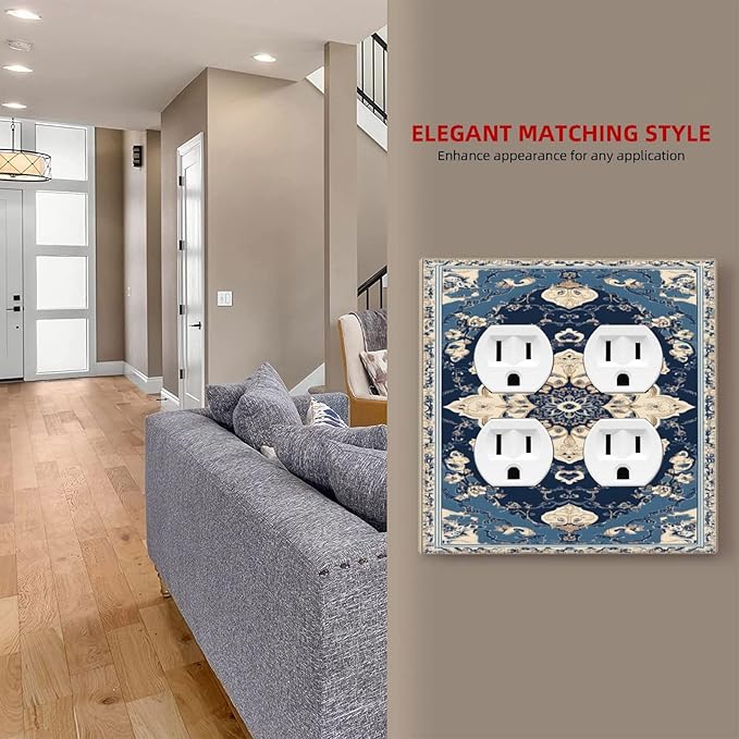 Decorative Switch Plate Covers Boho Beige Navy Blue Medallion 2 Gang Outlet Covers Double Duplex Light Switch Cover Plate Gfci Wall Plate for Country Bathroom Bedroom Decor