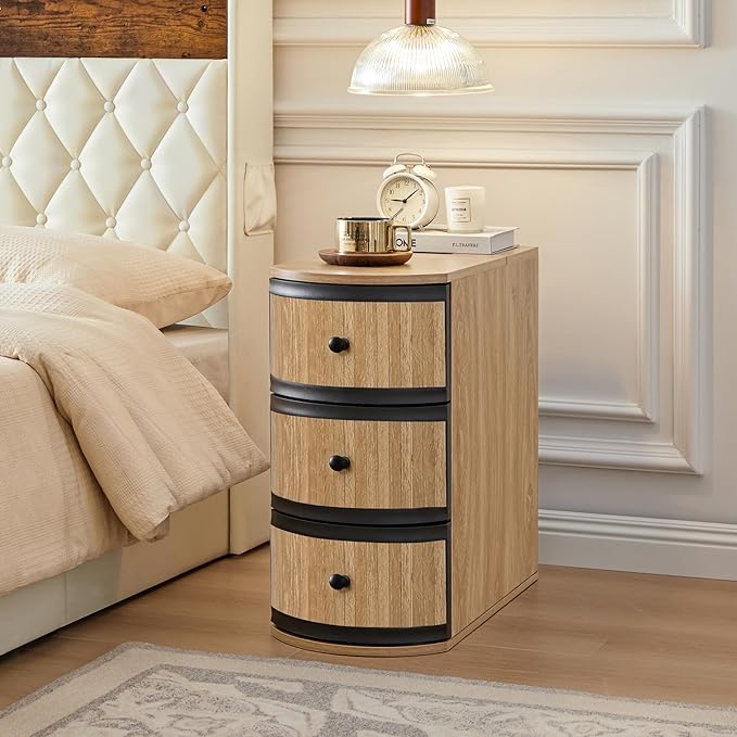 End Table with Charging Station for Couch,Mid-Century Modern Narrow Sofa Side Table with Drawer for Living Room,Small Bed Side Table for Bedroom (Natural, 2 Set)