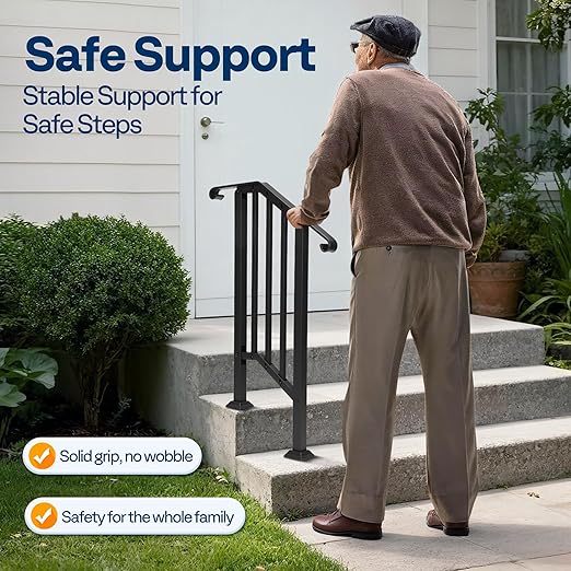VIVOHOME 2-Pack 2 Step Galvanized Steel Hand Rails for Outdoor Steps – Curved Ends and Safety Balusters Exterior Railing for Porch, Deck, or Indoor Stairs, Complete Installation Kit