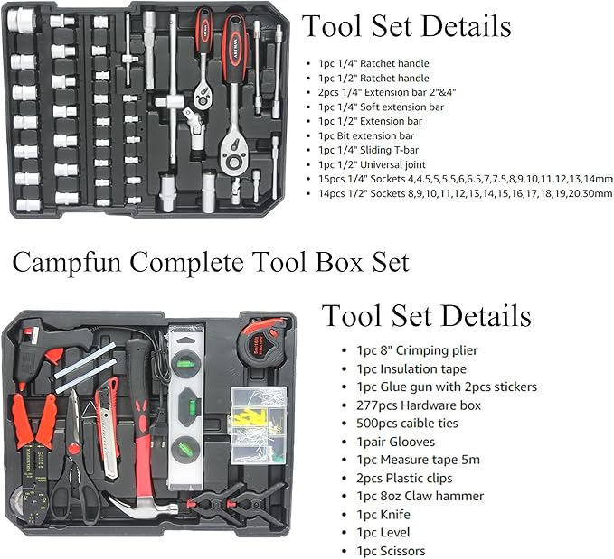 Campfun 899PCS Tool Set, Household Tool Kit with Rolling Tool Box, Complete Tool Box Set Hand Tool Set with Tool Box, Mechanic Tool Set Rolling Tool Set for Home/Auto Repair Tool Set, Black