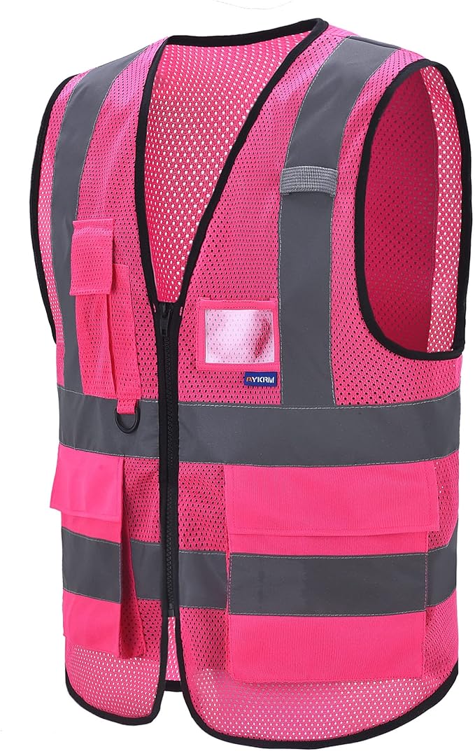 A-SAFETY High Visibility Mesh Safety Reflective Vest with Pockets and Zipper,Hi Viz Work Vest for Men Women (Pink Mesh S)