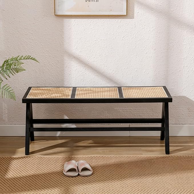 Farmhouse Rattan Entryway Bench, Wood Cane Dining Bench Long Seat with Footrest, Wicker End of Bed Storage Bench for Bedroom Living Room Dining Room Hallway, Black