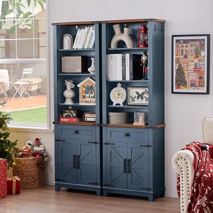 72in Tall Bookshelf 7 Tier Bookcase with Drawer and Barn Doors and Adjustable Shelves, Blue Farmhouse Book Shelf with Storage Cabinet, Wood Freestanding Display Bookshelves for Kitchen (3PCS)