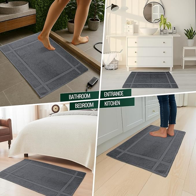 Pearl Linens 100% Ring Spun Cotton Bath Mat (Pack of 2) 20 x 30 Inch, Washable, Soft & Absorbent Terry Bathroom Floor Mat – Not Bathroom Rugs – Quick-Dry After Shower Bath Mat, 687 GSM, Dark Grey