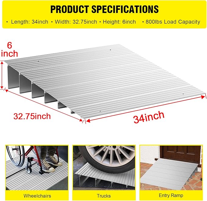Door Threshold Ramp 6" Rise Door Ramp Aluminum Entry Ramp or Doorways Rated 800 lbs Load Capacity forWheelchair Scooters Power Chairs Walkers