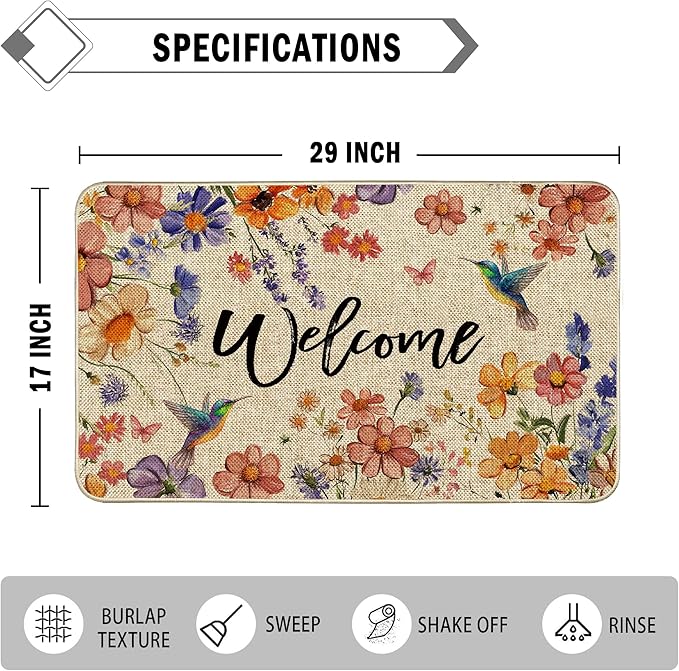 Wildflower Welcome Doormat 17"x29", Flower Spring Door Mat Indoor Entrance, Indoor Front Door mat, Non Slip Outdoor Entrance Mats, Low Profile Design Patio Porch Entryway Mats